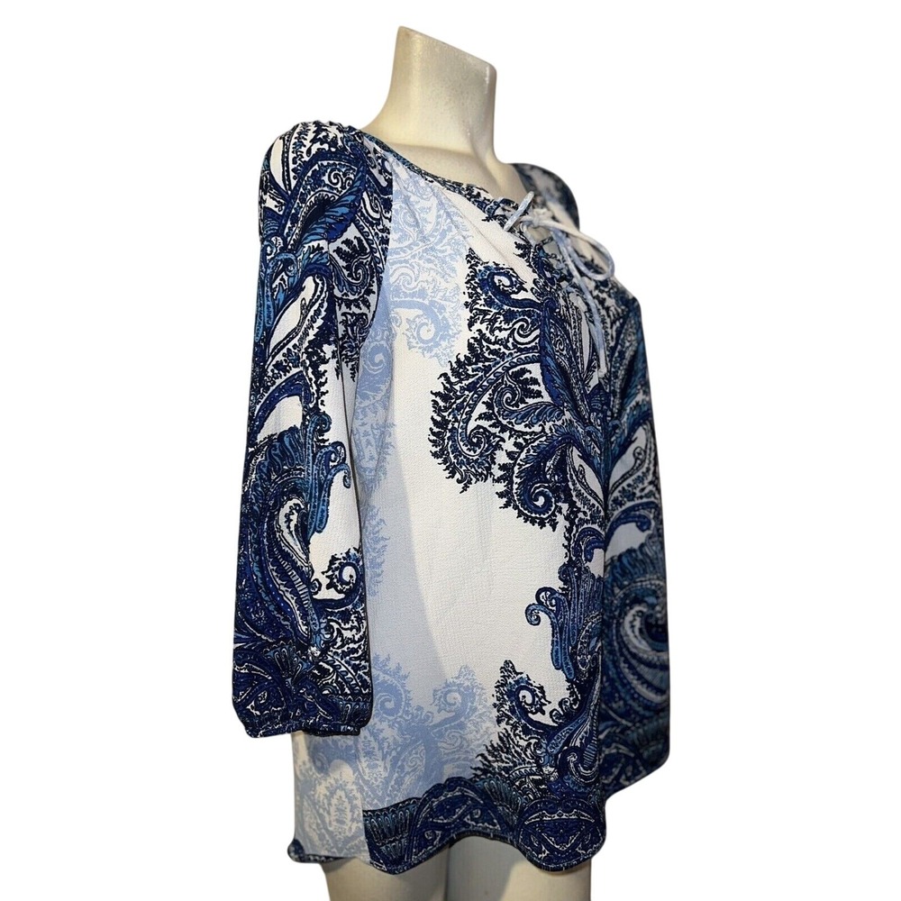 Fig and Flower Paisley Lace Back Tunic Top Women L Blue White Bell Sleeve Boho - Picture 3 of 10